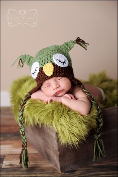 Baby Owl Hat- Sleepy Owl- Green and Brown Sleepy Owl Hat