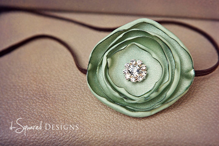 Newborn Headband- Baby Headband- Sage Green Flower with Rhinestone Center on Brown Skinny Headband