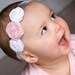 Rose Flower Headband- Newborn Headband- Baby Headband- Pink and White Rosette Flowers with Feather Accent on White Headband