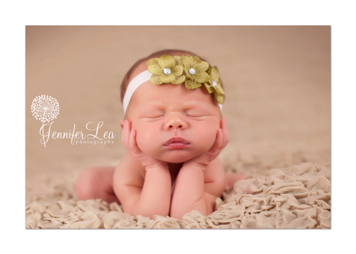 Triple Small Moss Green Flowers on Soft Ivory Elastic Headband- Baby Headband- Girl Headband- Flower Headband