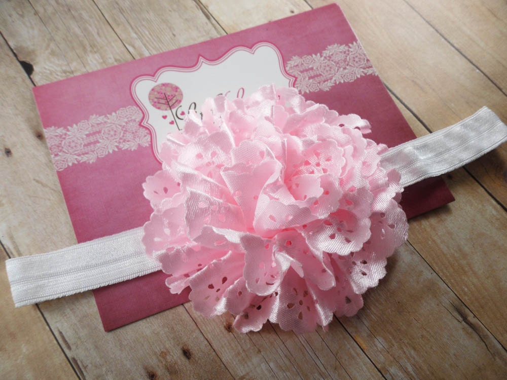 Baby Headband- Flower Headband-Baby Girl Headband- Light Pink Satin Eyelet Flower on Soft White Elastic Headband
