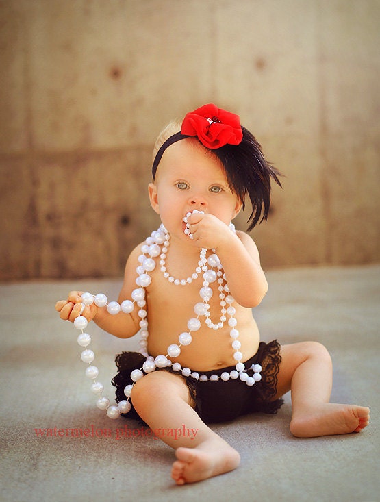 Baby Headband- Feather Headband- Black Feather Pad with Red Chiffon Flower Accent with Rhinestone and Pearls on Soft Black Elastic Headband