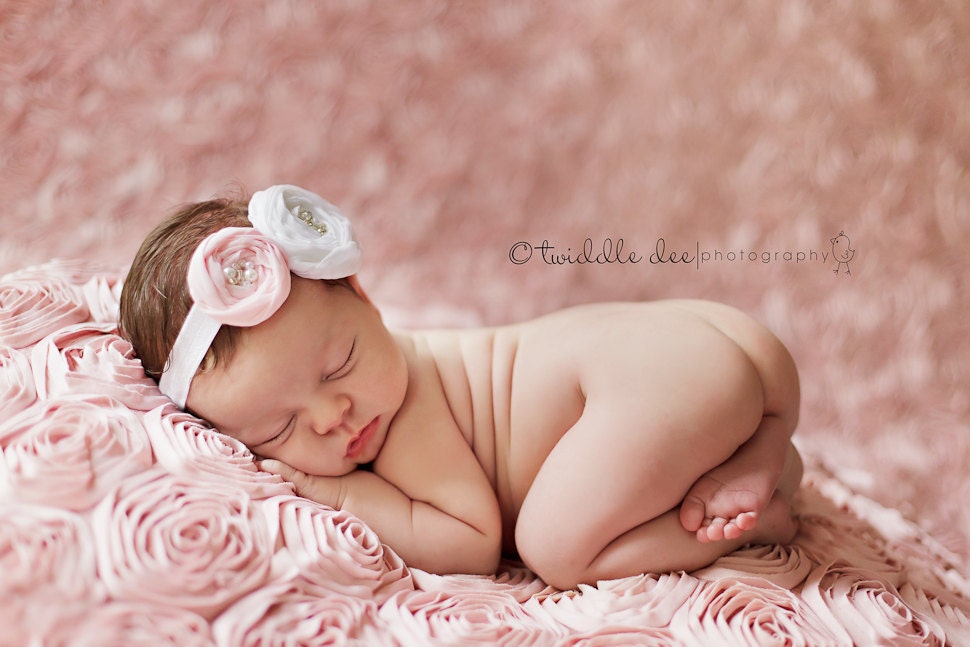 Baby Headband- White and Light Pink Handmade Rosette with Beaded Center on White Headband