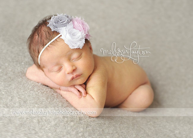 Baby Flower Headband- Baby Headband- Mini Triple Shabby Flower Headband in Light Pink Grey and White on Skinny White Elastic Headband