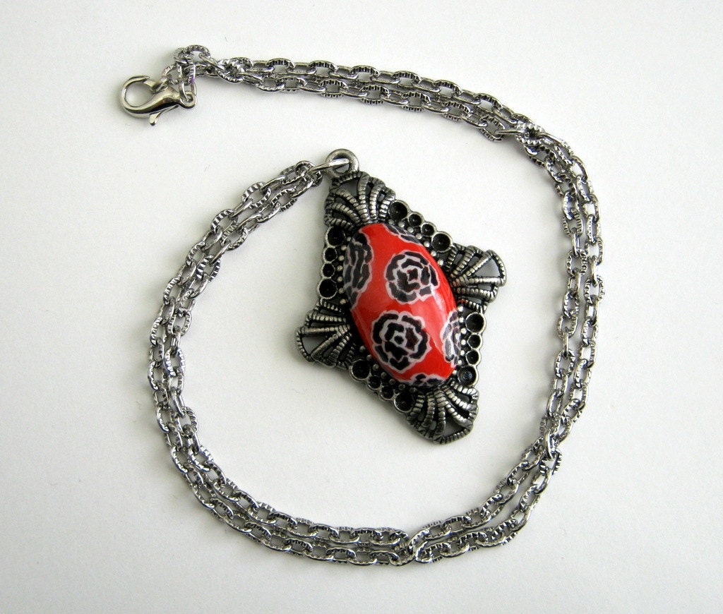 Red, Black and White Floral Hand-painted Polymer Clay Pendant Necklace