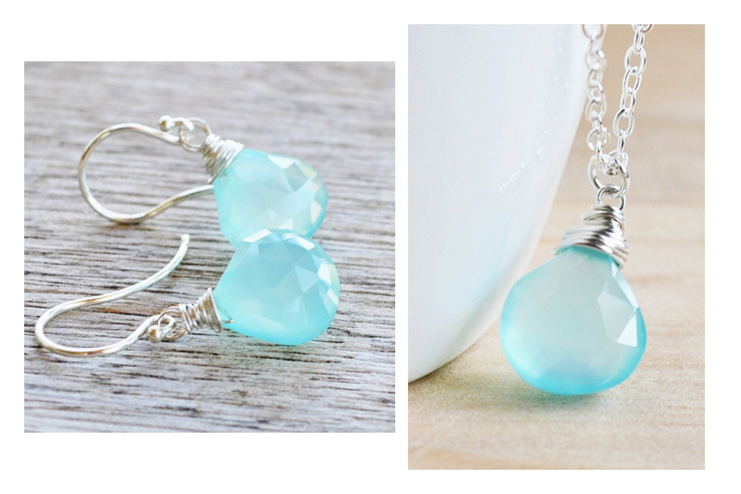 Simple Aqua Chalcedony Pendant and Earrings Set, Wired Wrapped on Sterling Silver Chain, Great Gift for Her or Bridesmaids