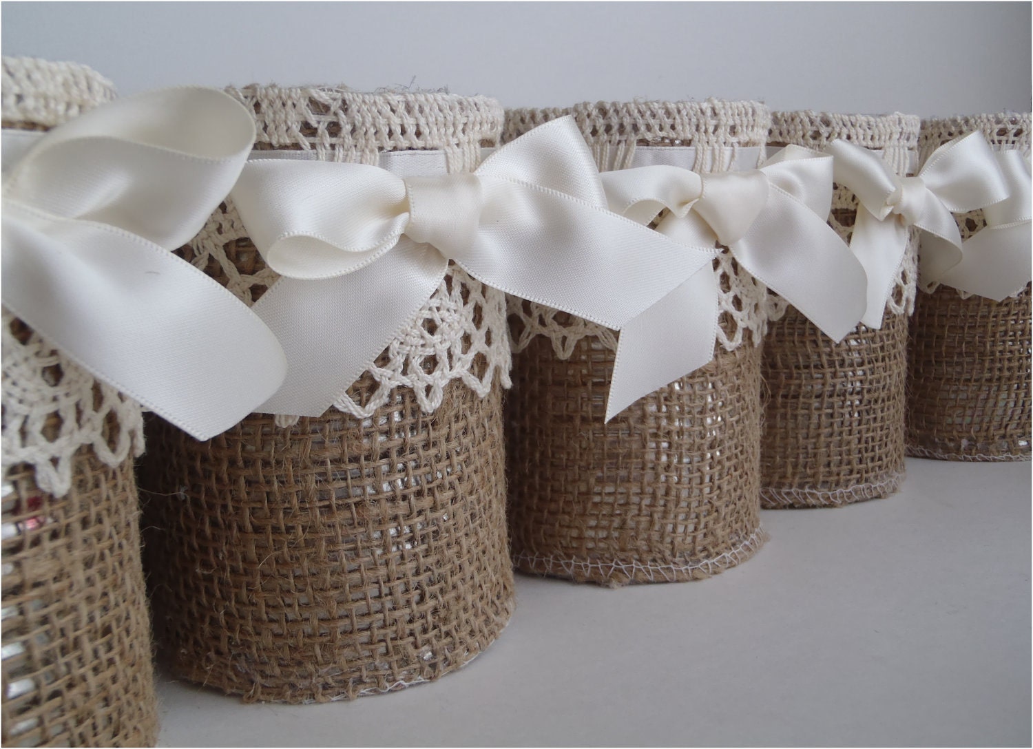 Burlap rustic vases, 14 containers, table decor for wedding upcycled tin cans, cute and woodland