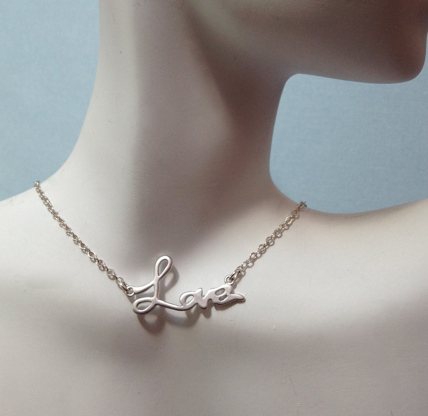 Gift for your Love - Sterling silver chain, matt rhodium plated "Love" pendent necklace
