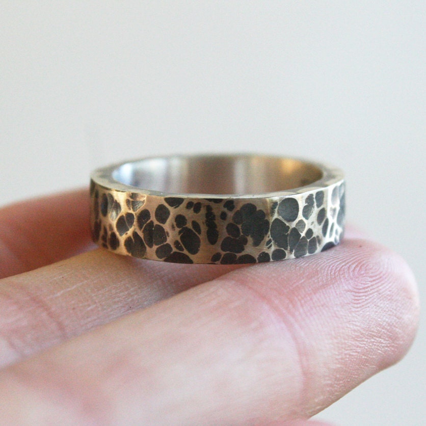 hammered ring mens unique wedding band 5.5mm wide textured sterling boyfriends gift