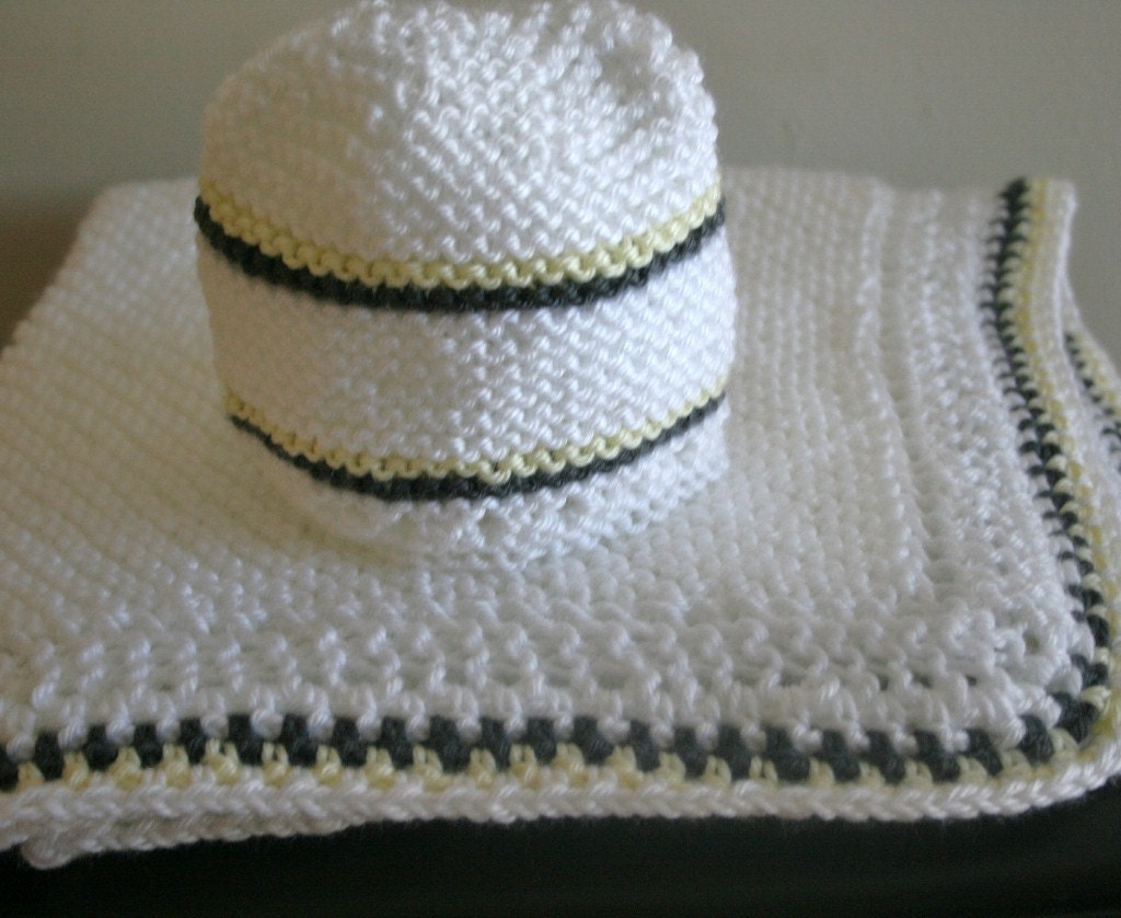 Classic White Handknit Baby Blanket and Matching Hat Set.....Mini Grizzlie Collection