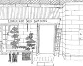 Librairie des Jardins, Paris - Black and White Illustration Print  8.4" x 15.2"