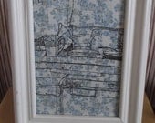 Cottage Kitchen Scene - Framed Blue Floral Fabric Screenprint