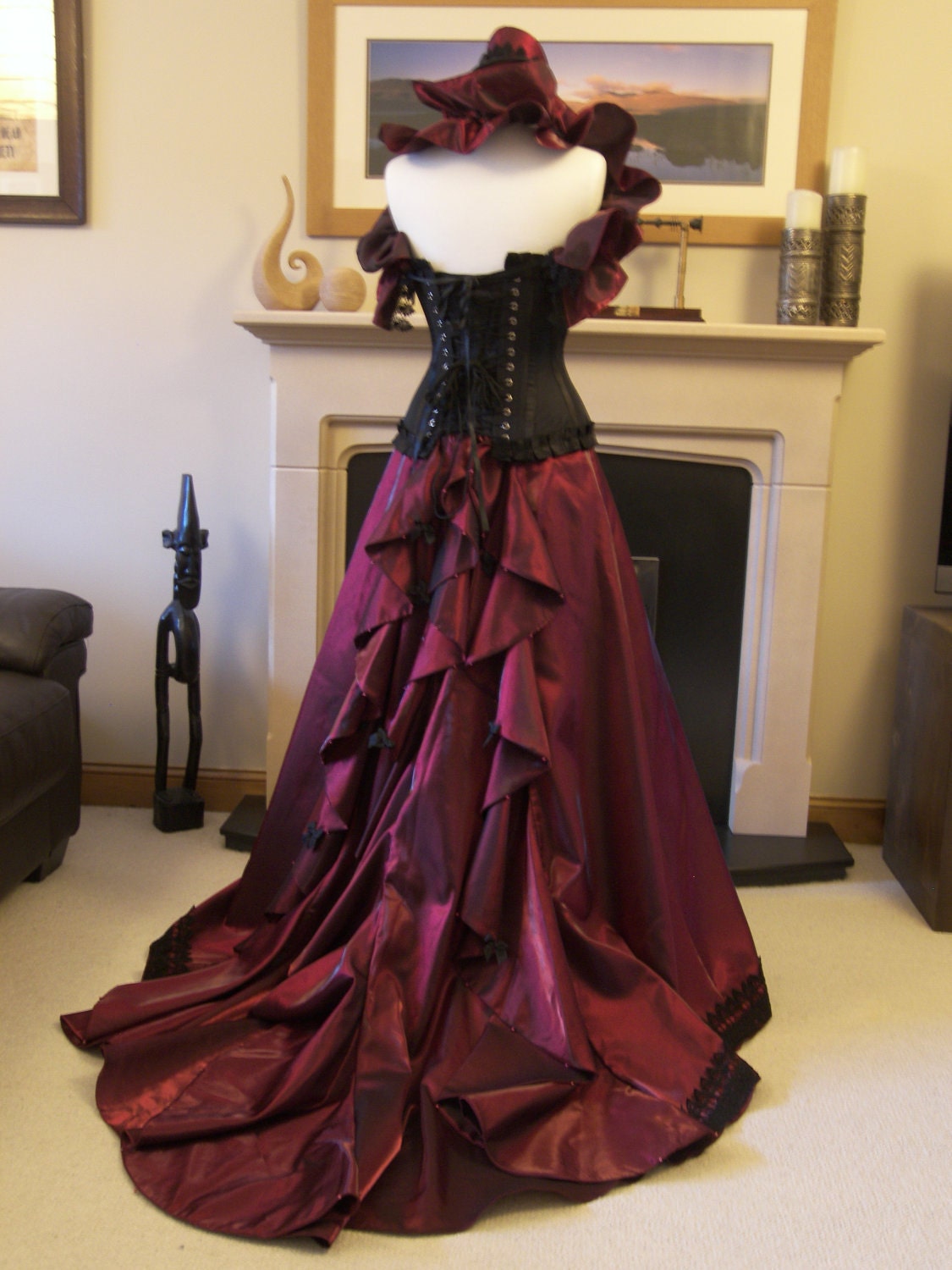 Victorian Steampunk ball gown or wedding dress. Gown, steel boned corset, matching hat. OOAK