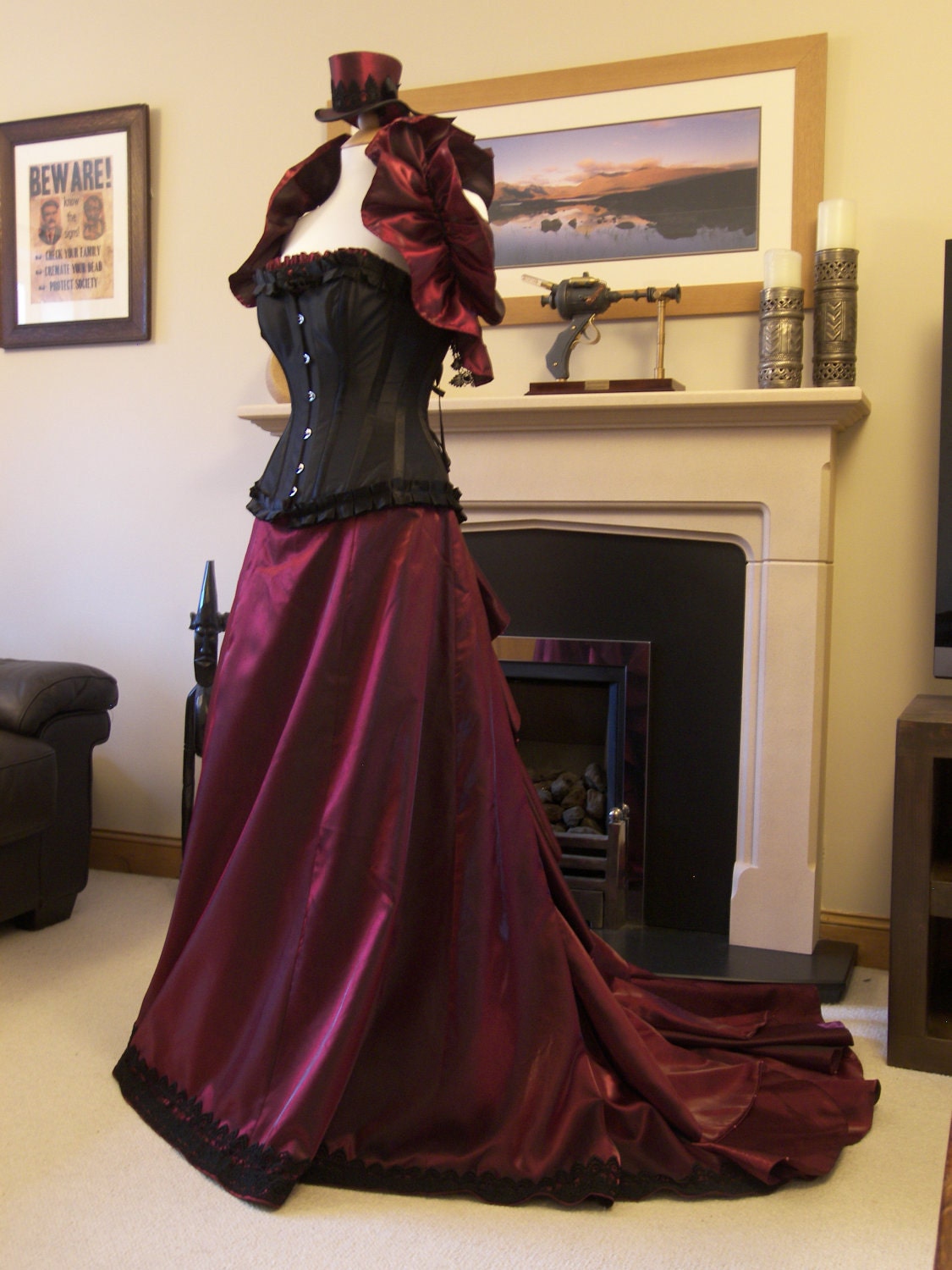 Victorian Steampunk ball gown or wedding dress. Gown, steel boned corset, matching hat. OOAK