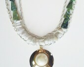 Multi-layered white chain and yellow turquoise necklace with pearl pendant