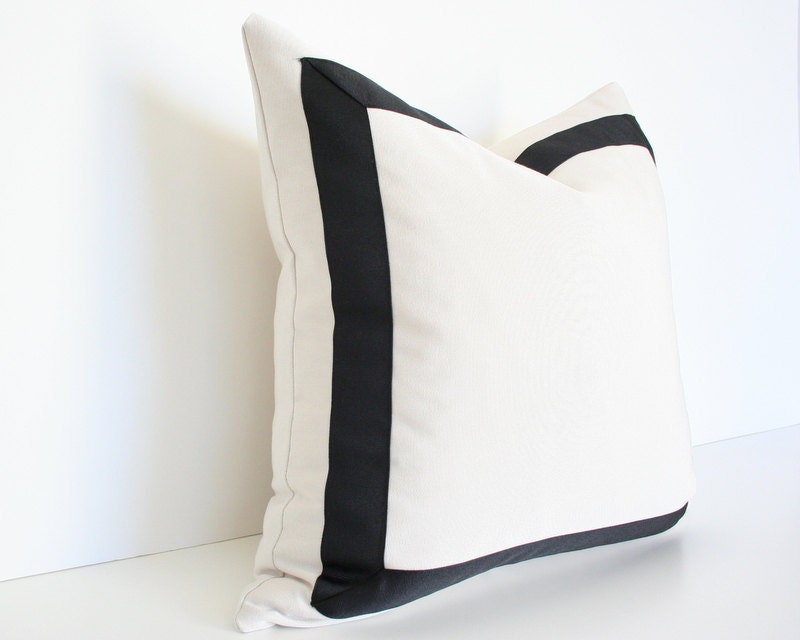 Cream Pillow Cover with Black Grosgrain Ribbon 19x19