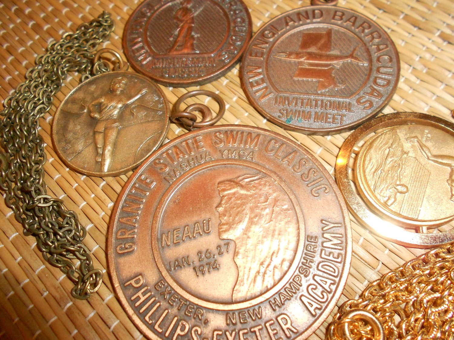 Sports Medals -Swimming & Track Medals/Medallions 1974 Bronze or Copper  Vintage Collectibles Some On Chains