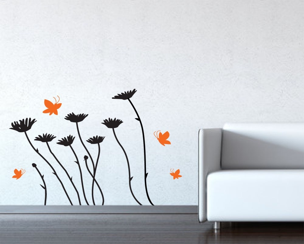 Daisies wall decals. Daisy flowers and butterflies removable vinyl decals. Daisy decals, butterfly decals