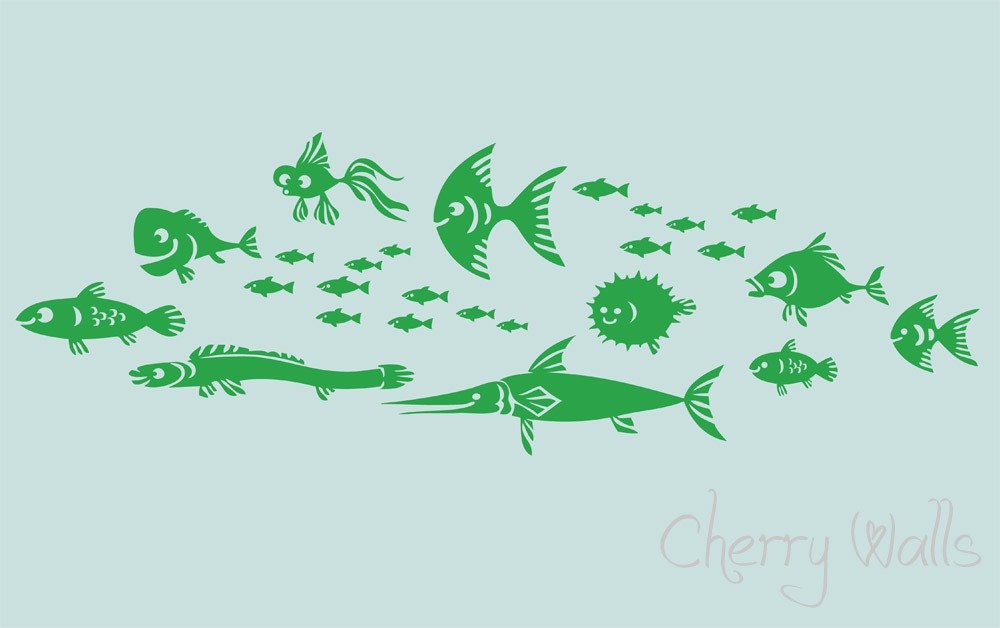 SALE Fish Vinyl Nursery Wall Decal. School of 26 fishies nursery decor playroom ranging in size from 2 " to 10".
