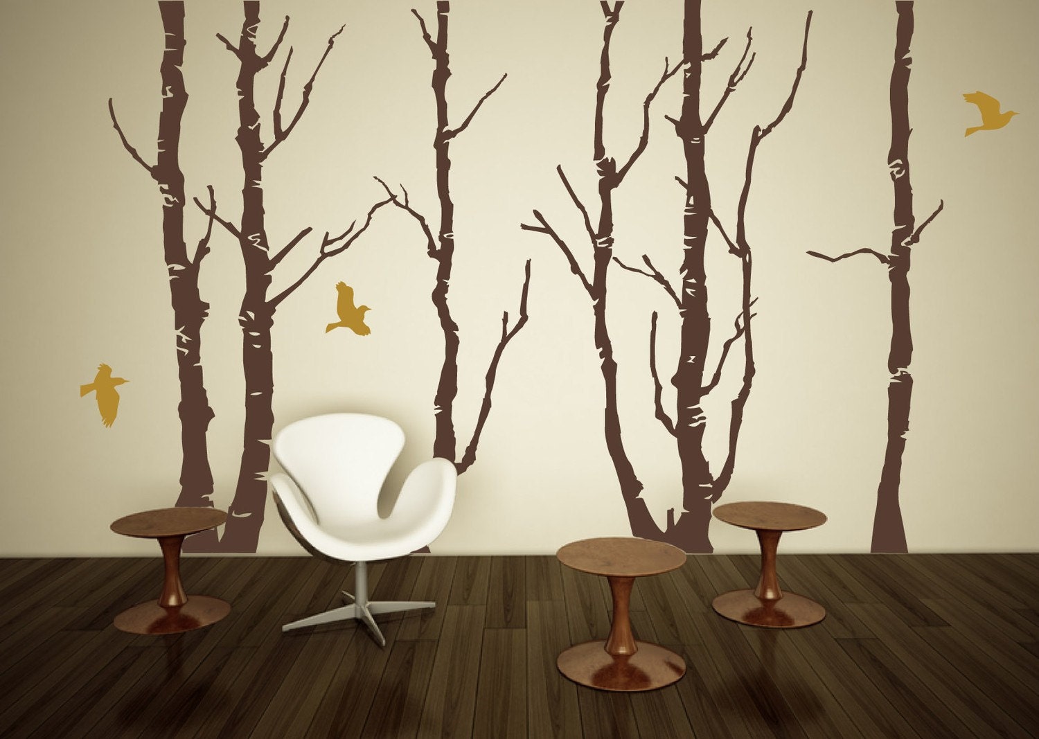 Vinyl Wall Decal - Forest and birds. Design measures 96" x 145"