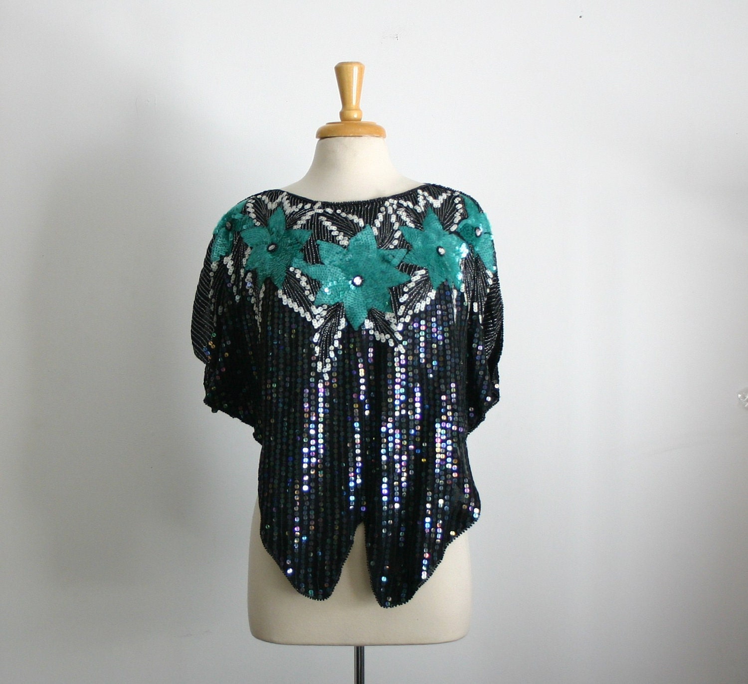 1980s sequin embellished top in black with teal green-blue flowers evening top, size medium