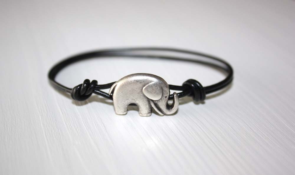 Elephant Bracelet, Antique Silver, Genuine Leather Cord, 14 Colors Available