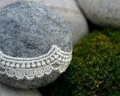 Romantic ivory lace on grey wool pebble brooch - Mother Rabbits Fog Song