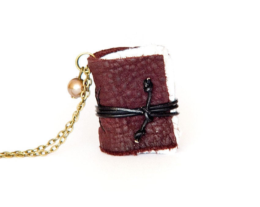 Recycled leather necklace journal miniature mini book with blank pages and brass chain - gift for her - violet purple aubergine