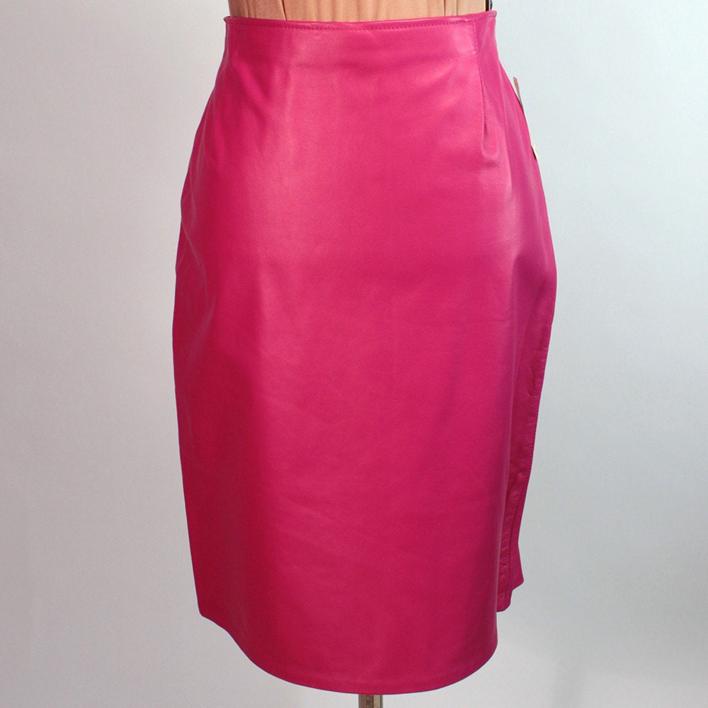 Hot pink leather pencil skirt. New old stock. 1980's.