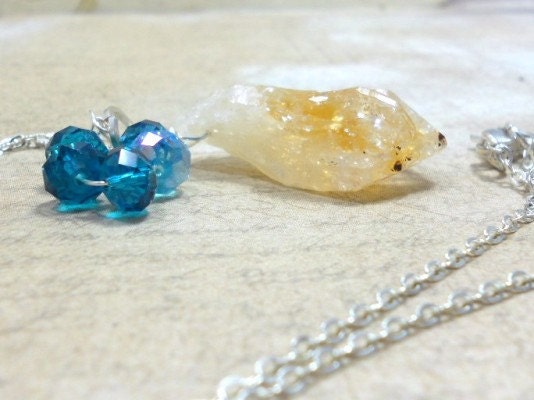 Raw Mineral Citrine Stone Pendant Necklace with Aqua Glass Beads on Silver Chain, Everyday Jewelry