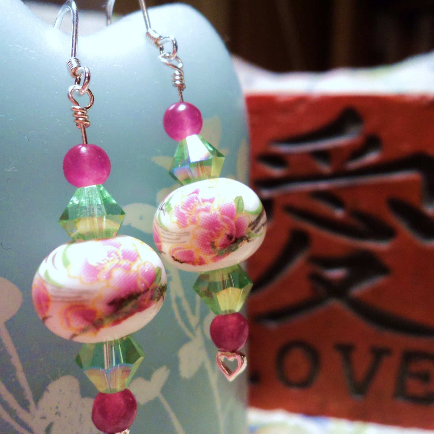 EARRINGS - Blossoming Orchids - Sterling Silver, Genuine Dyed Jade, Ceramic with Hand-Painted Orchids