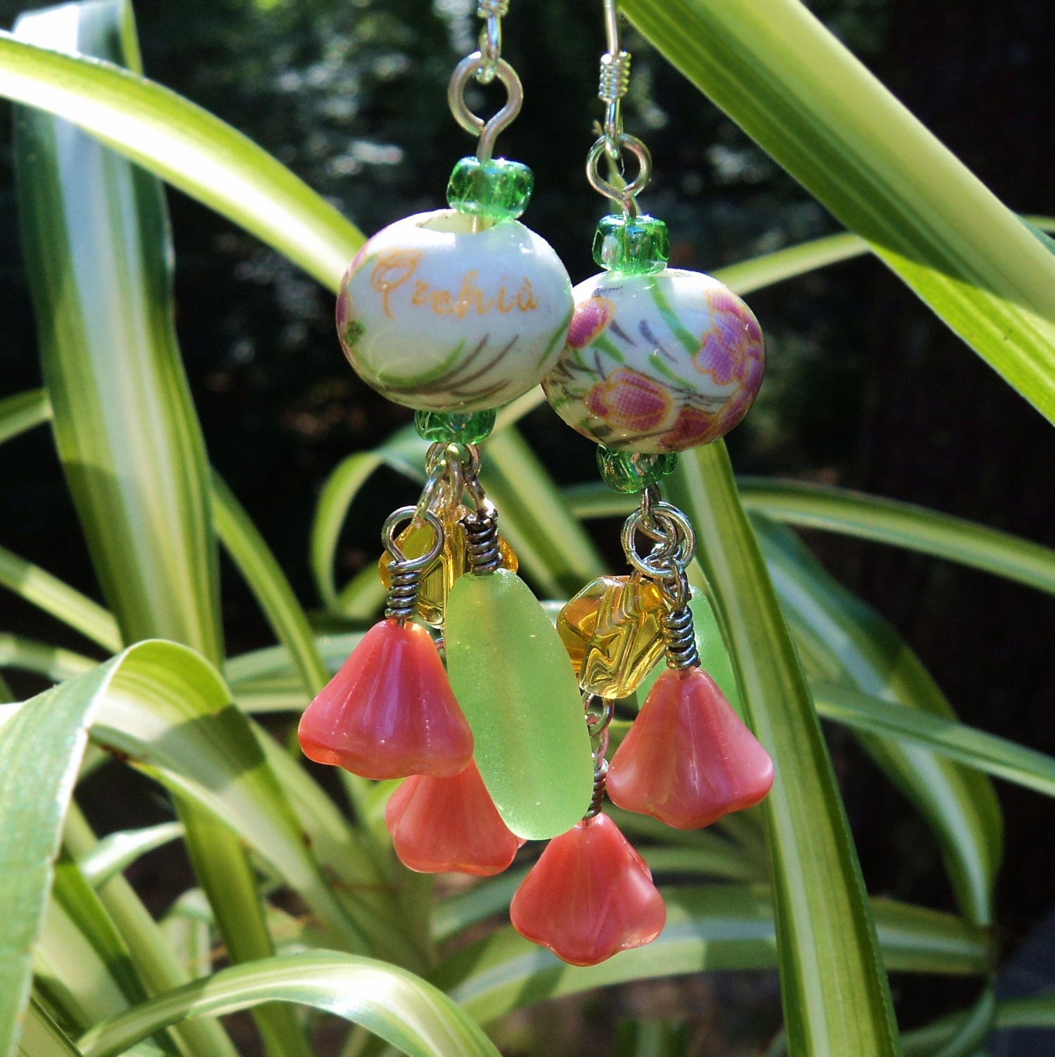 EARRINGS - In Full Bloom - Ceramic with Hand-Painted Orchids & Czech Glass