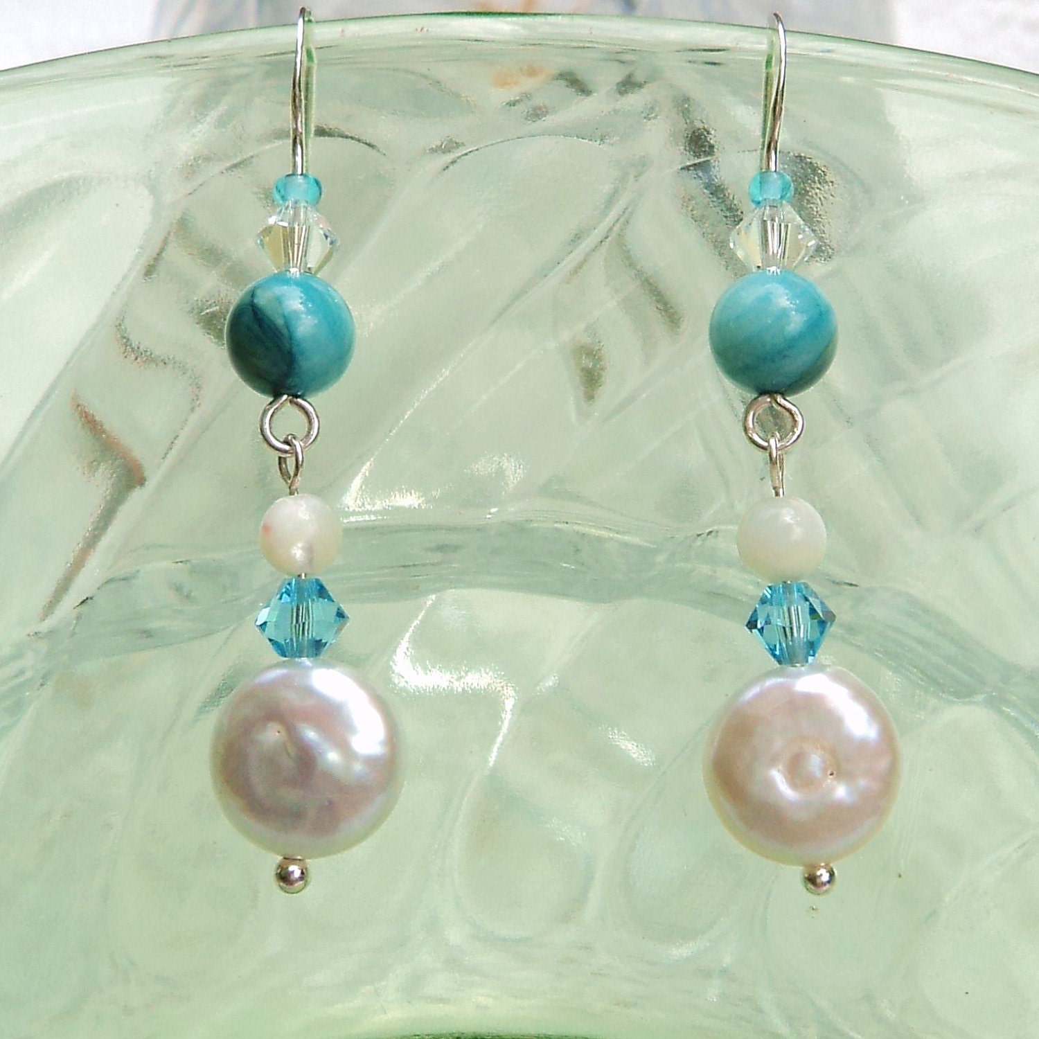 EARRINGS - Paradise in Azure Blue - Swarovski Crystals, Freshwater Pearls, Mother-of-Pearl Shell, Sterling Silver