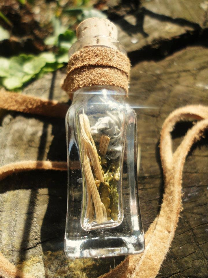 Glass Sacred Medicine Bottle Necklace Filled w Minnesota Wild Sage, Cedar & Sweetgrass, w Buckskin Ties