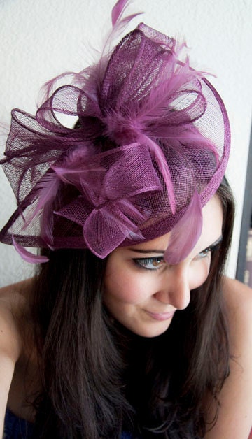 Burgundy Wine Fascinator - "Penny" Mesh Hat Fascinator with Mesh Ribbons and Burgundy Feathers