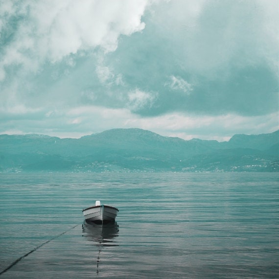 Travel photography, fjord landscape, dreamy nature print, Hardangerfjord, Norway, wooden boat in the fjord