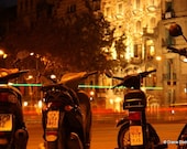 Travel Photography Barcelona Nights 8x10 Spain Photo, Gaudi, night photography, motorcycles, mopeds, lights