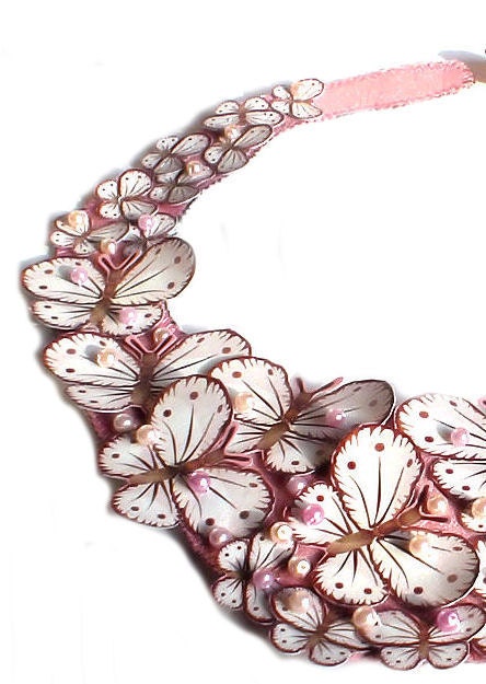 Bridal Bib Necklace Pale Pink with Butterflies