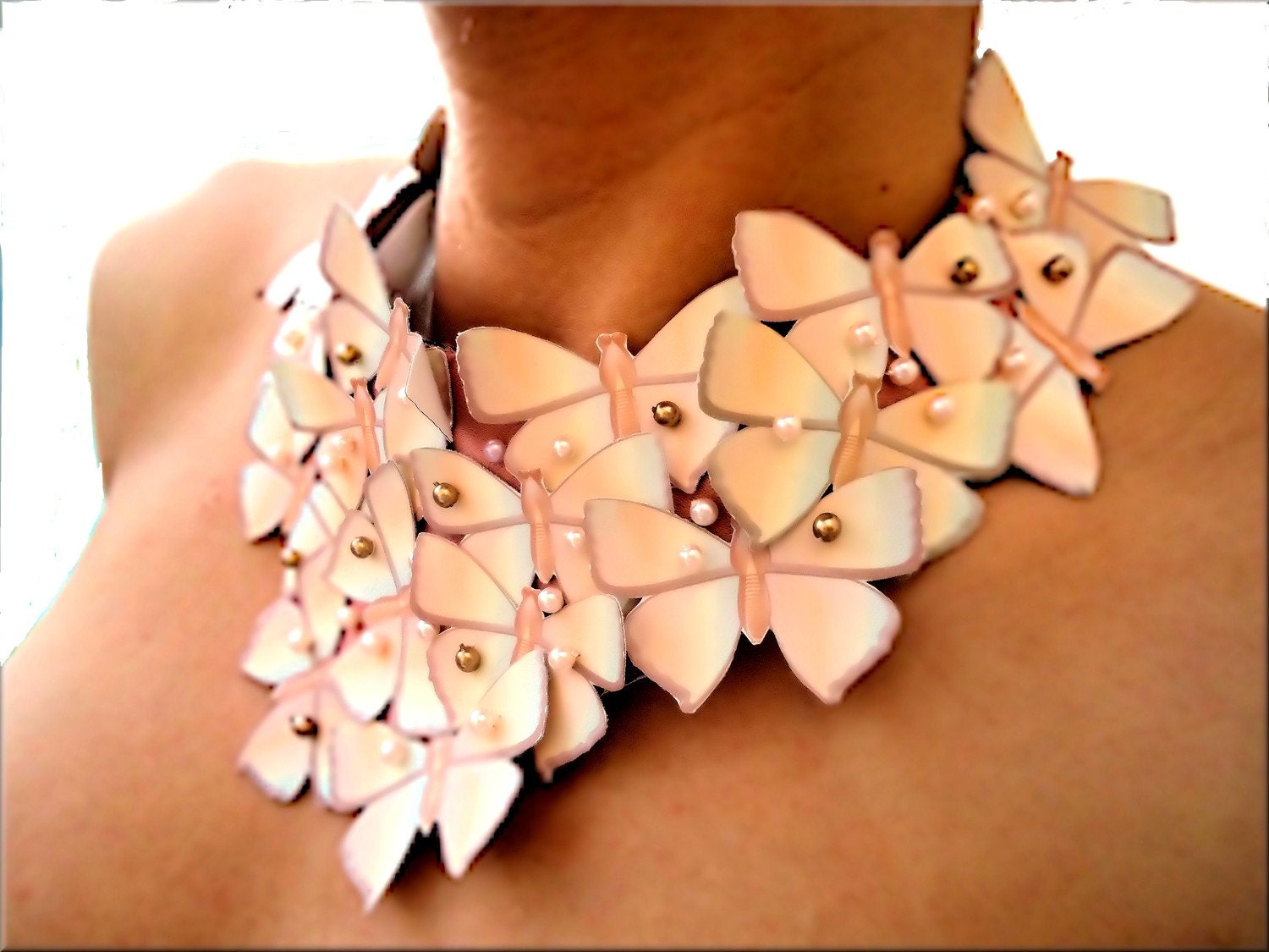 Bib Statement Necklace in Cream with Pearls and  Butterflies