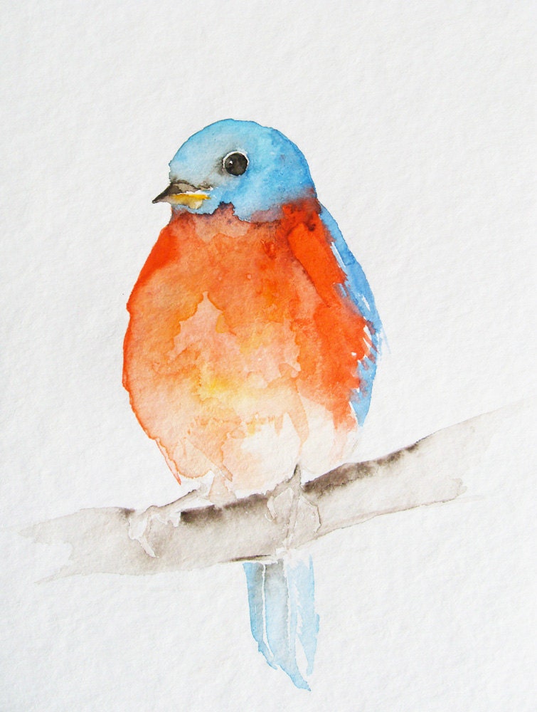 Little Orange and Blue Bird - Original Watercolor Painting