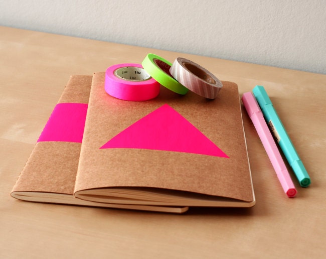 Neon Pink Triangle Notebook - Handpainted Geometric Moleskine - A5 Journal Neon pink - Neon diary or sketchbook