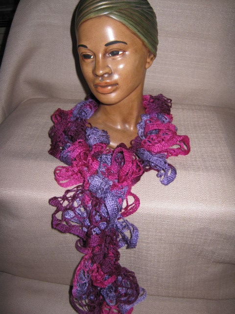 58 inch long Crocheted Ruffled Fashion Scarf Plum Preserves Starbella Yarn