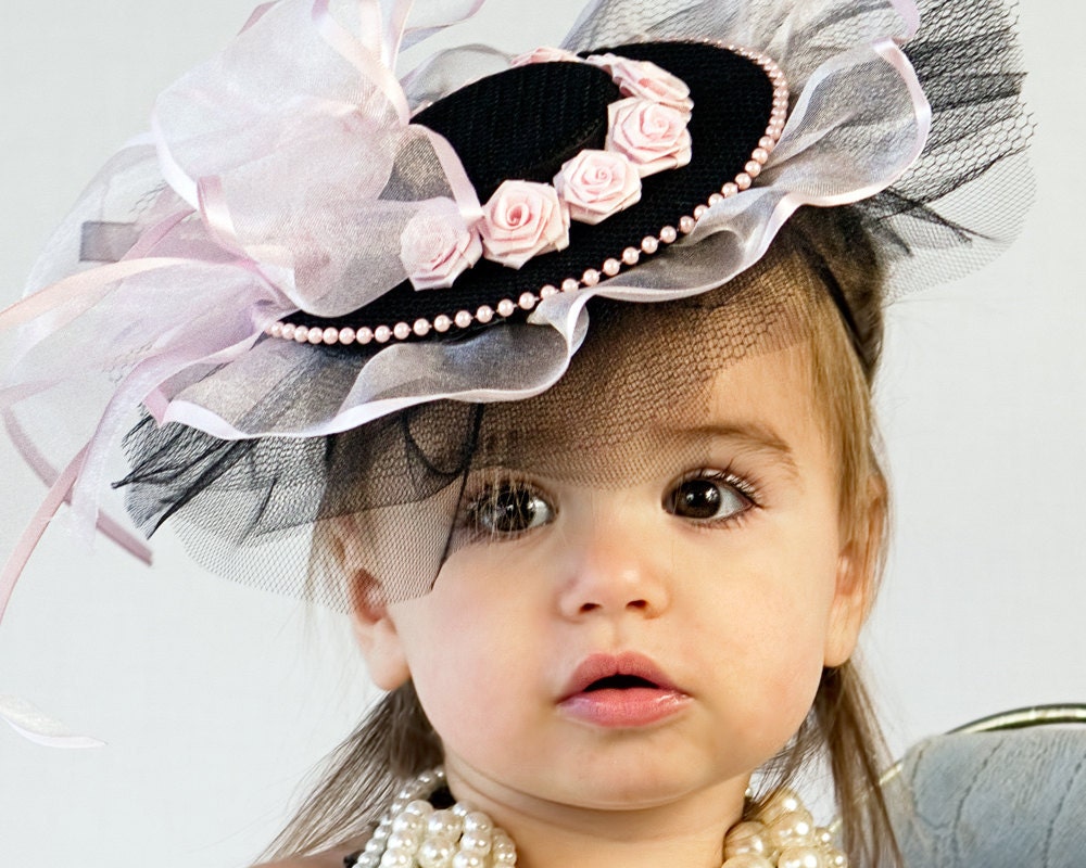 Baby Hat - Classic Pink and Black Fascinator for Babies and Little Girls - great photo prop