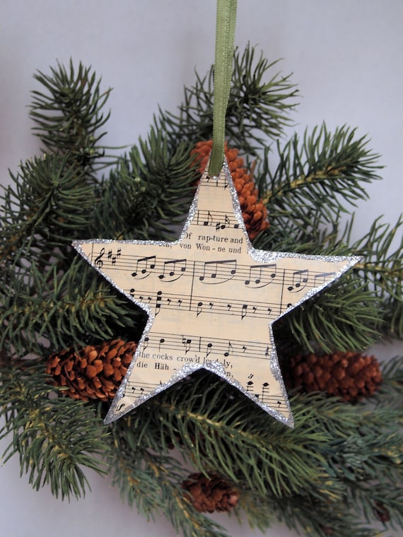 Star Christmas Ornament made from vintage sheet music and silver glitter - SET OF 4