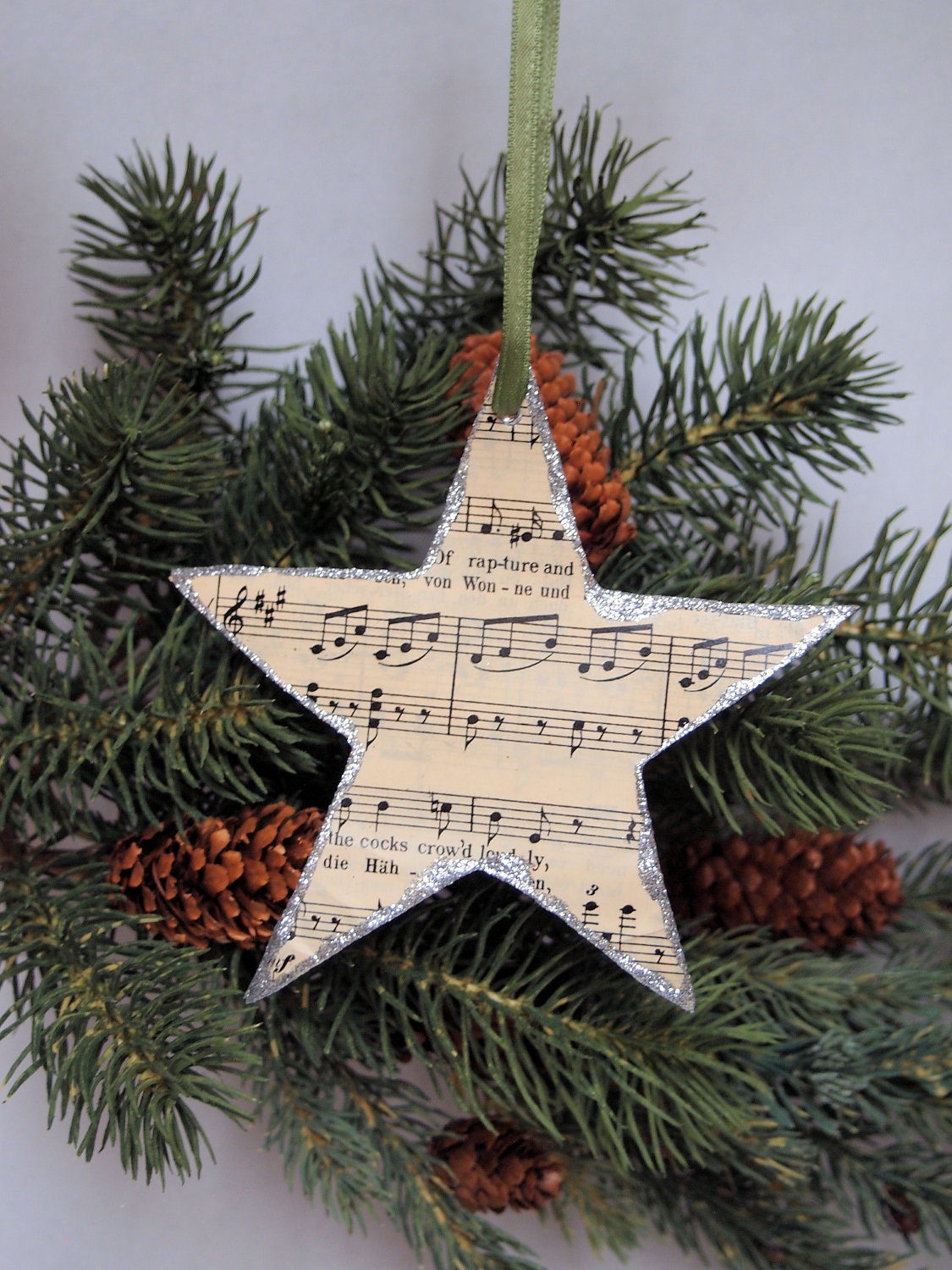 Star Christmas Ornament made from vintage sheet music and silver glitter - SET OF 4