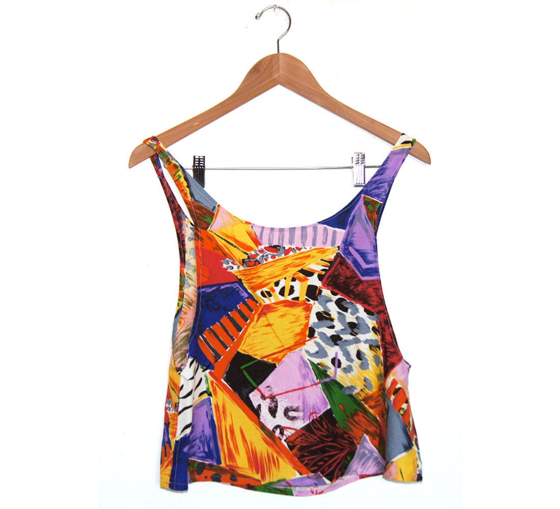 90s Abstract triangles and animal Rayon print Racerback Crop Top Handmade S