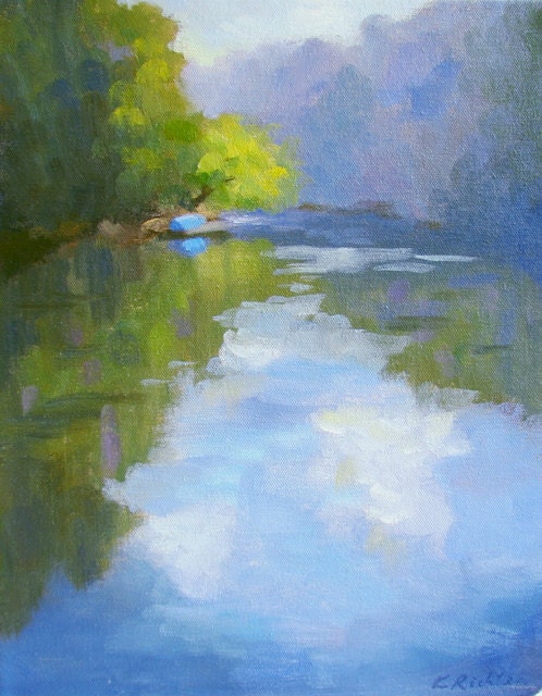 A Blue Boat by the River - original landscape painting by Keiko Richter 11x14