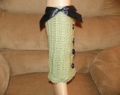 Sage Green Leg Warmers with Black Buttons and Ribbon One of a Kind Hand Crochet