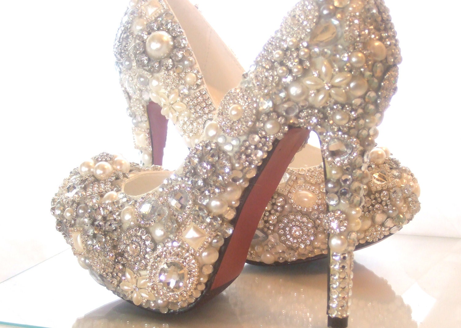 Cinderellas Wish... crystal, glass and pearl covered high heels. Wedding bespoke custom design