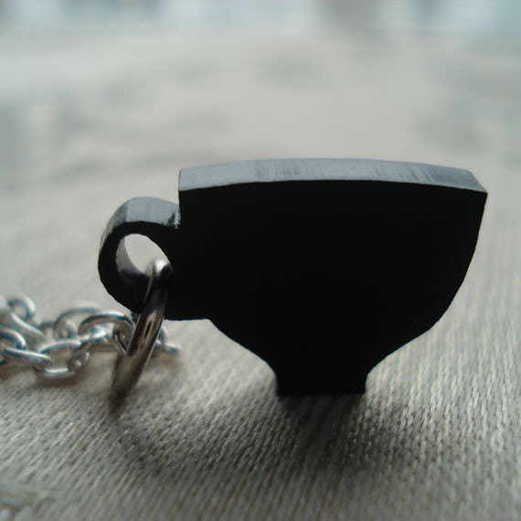 Time for Tea Necklace  Black Acrylic Tea Cup Charm on Silver Plated Chain
